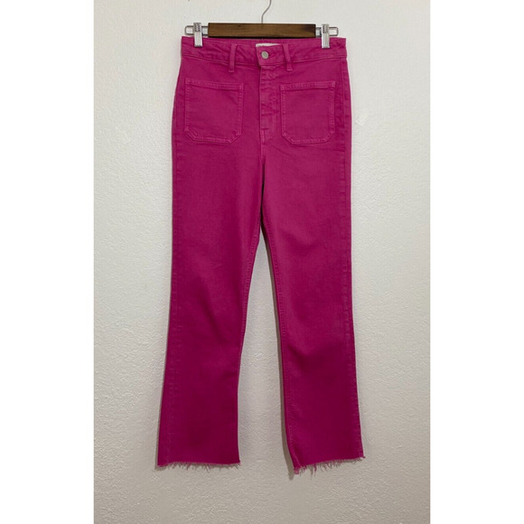 Zara Size 2 Hot Pink Denim Jeans Straight Pockets Raw Hem Casual Barbie Core - Picture 1 of 6